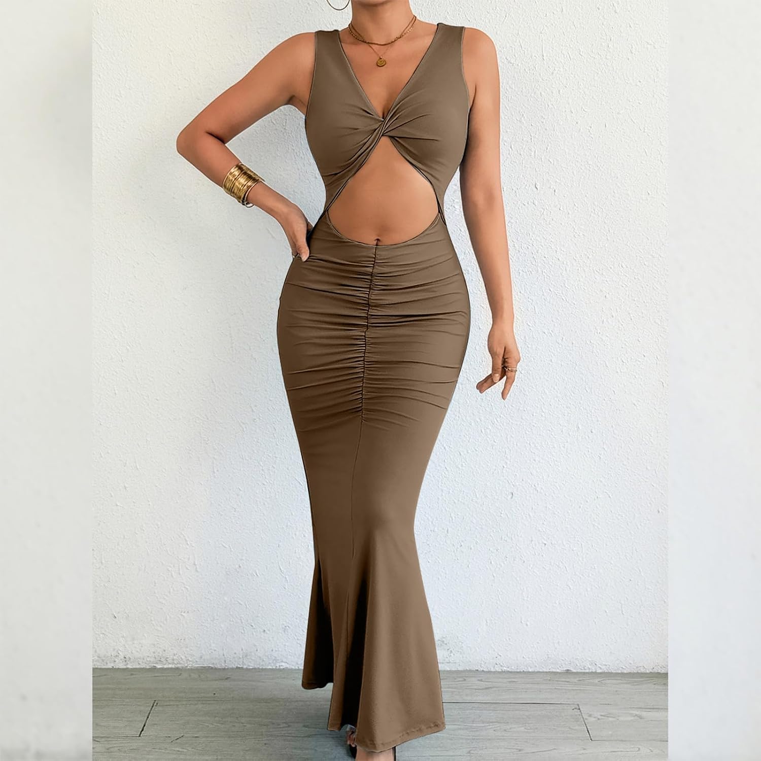 Womens Summer Bodycon Dresses Casual Tank Sleeveless Sexy Cutout Ruched Wrap Evening Party Club Maxi Dress
