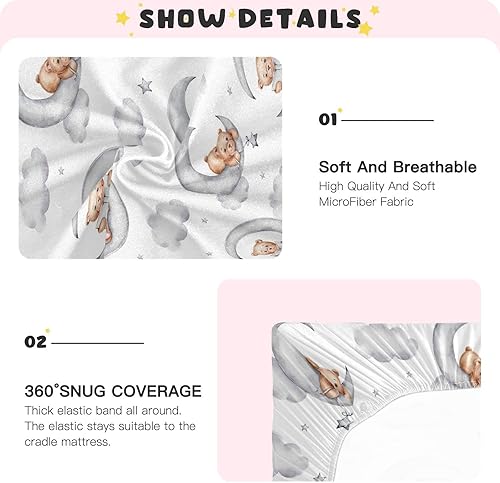 Miniatura 5 de Sábana bajera ajustable para cuna para niños y niñas, diseño de osos kawaii con luna, nubes grises, estrellas, acuarela, para cuna para niños