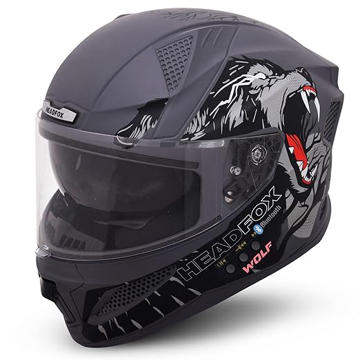 HEADFOX N2F Wolf Full Face Bluetooth Helmet for Bike | Waterproof Smart Helmet for Man & Women | ISI Certified | Built-in Bluetooth | Glossy