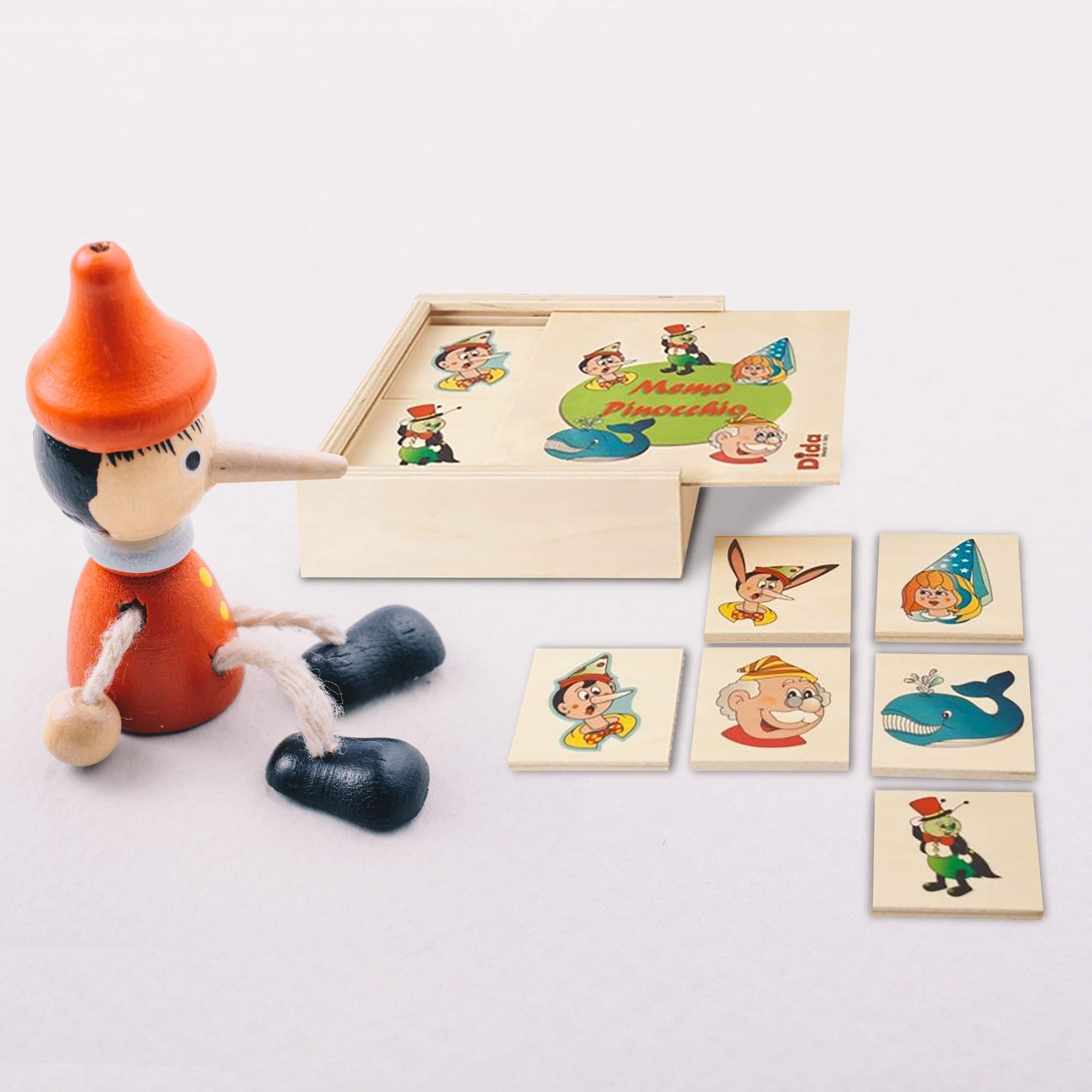 Dida - Memory Pinocchio: Gioco di Memoria e Associazione Montessori, Memo Fiaba, 20 Carte in Legno da Accoppiare, per Bambini 2-4 Anni, Giochi Educativi da Tavolo
