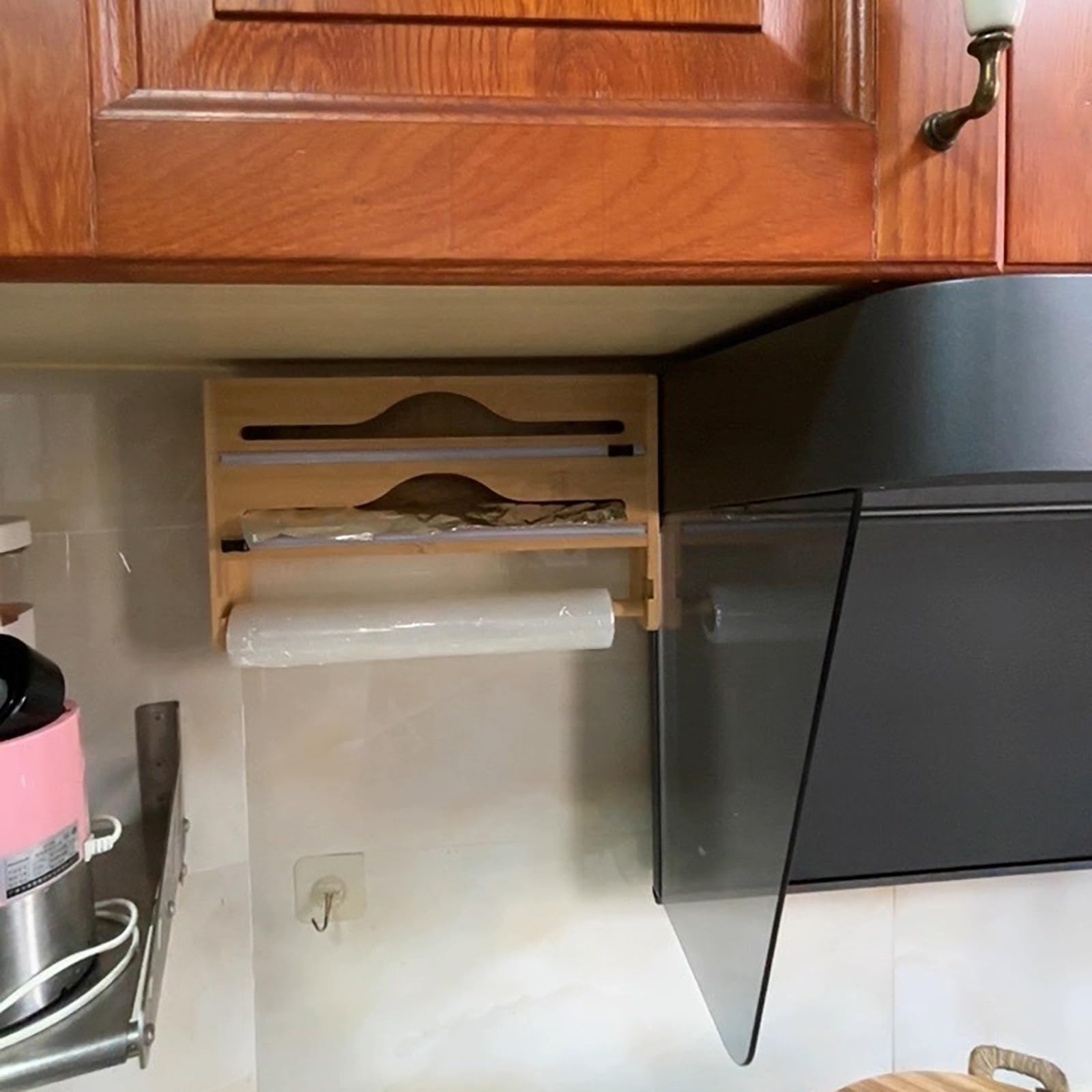 Dispensador de bambú 3 en 1 para película adhesiva y papel de aluminio para pared con cortador de precios, soporte para rollo de 30 cm, soporte para rollo de cocina (marrón, 3 cajas)
