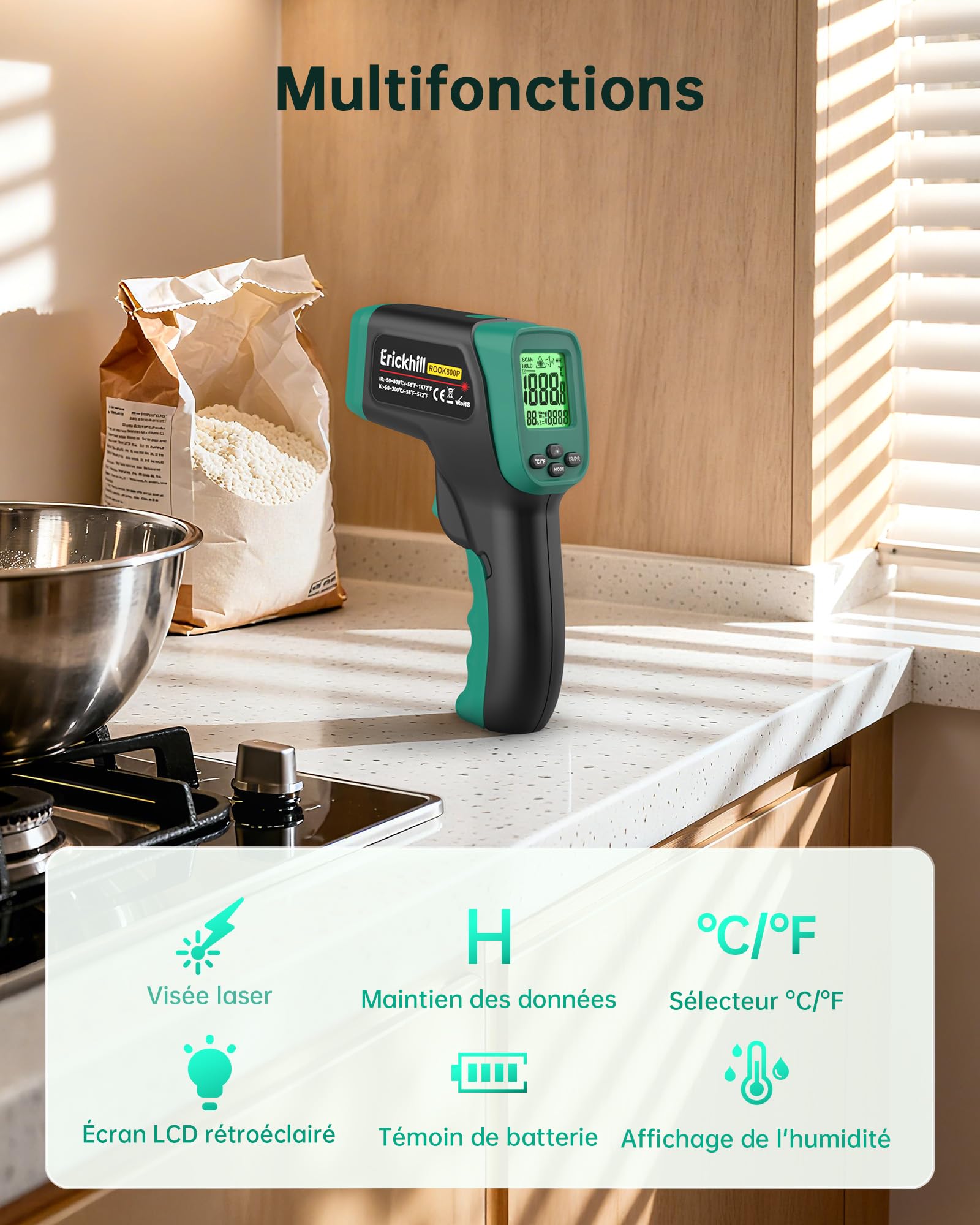 Thermomètre infrarouge ERICKHILL de -50 °C à 800 °C, thermomètre laser numérique sans contact avec sonde à viande de -50 °C à 300 °C, émissivité réglable - Convient pour la cuisson/grillage