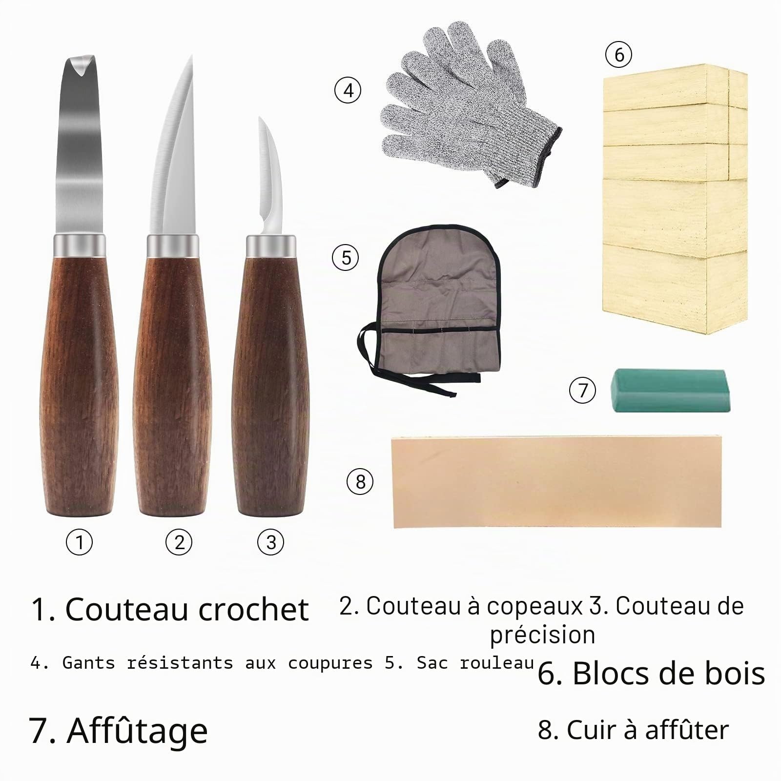 Cor cordium Kit de sculpture sur bois avec blocs de tilleul pour débutants, kit de sculpture sur bois comprenant un couteau à sculpter 3 pièces, 8 blocs et des gants de sculpture sur bois