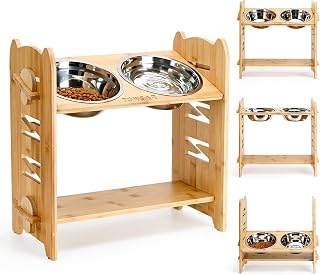 Raised Dog Bowl, Raised Dog Bowls, 9-Tier, Adjustable Raised Bamboo Dog Feeding Station, 2 Stainless Steel Pet Bowls, Dog Bowls with Stand for Dog and Cat Raised Feeders (Woodiness, L