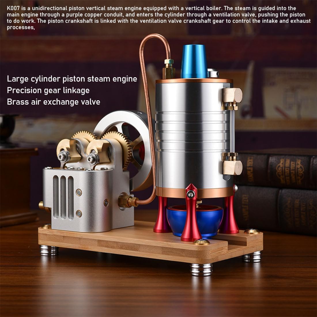 Steam Engine Model, K007 Full Metal Vertical Dual-Cylinder Oneway Piston Steam Engine Model Kit with Boiler, Physical Science Engine Model Kit for Adults and Teens