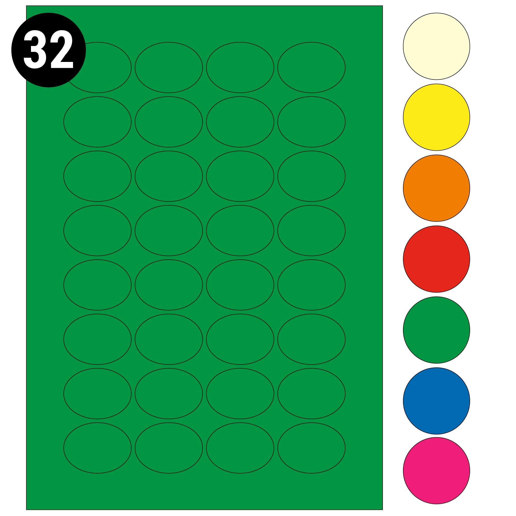 L&B Colour Range - Oval Labels – 3 Sizes & 7 Vibrant Colors – A4 Sheet – Compatible with Laser & Inkjet Printers (Green, 32 Labels Per Sheet - 500 Sheets)