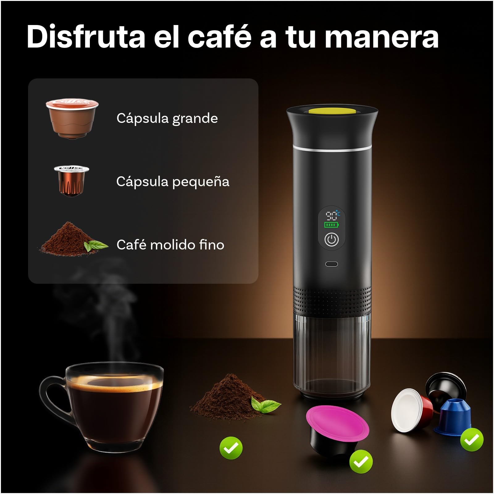 MMOBIEL Cafetera Portátil Máquina de Café Espresso Eléctrica con Base Antideslizante, Auto-Calentable & USB-C – Compatible con Café Molido & Cápsulas para Viaje, Camping, Hogar, Coche, Oficina