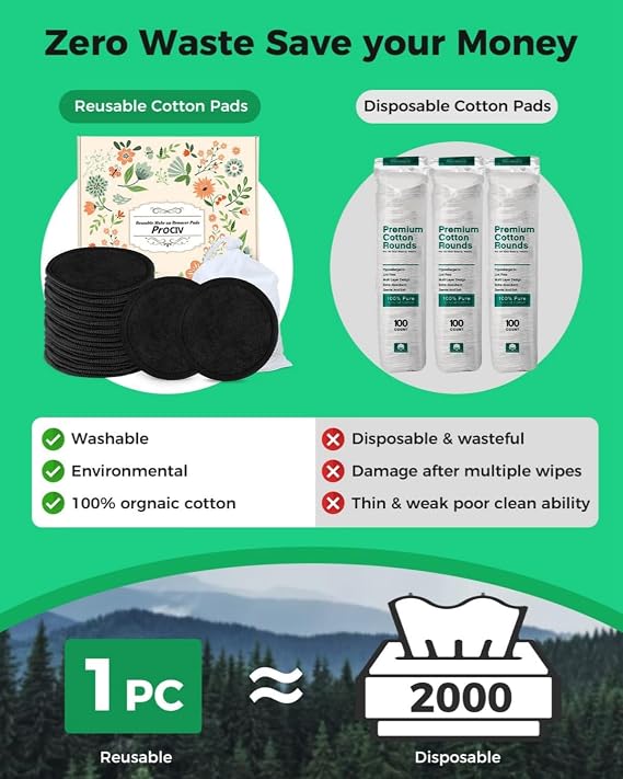 ProCIV Reusable Makeup Remover Pads, 25 Packs Organic Washable & Eco, Black