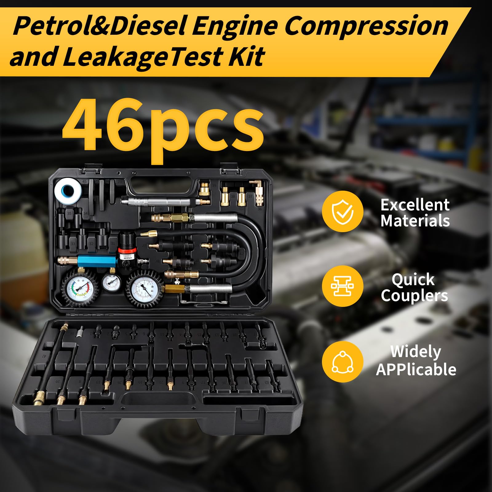 CPROSP 46 Piezas Tester de Compresión y Pérdida de Presión (0-50 Bar / 0-7 Bar), Comprobador de Compresión para Motor de Gasolina/Diésel, Compatible HDI, TDCi, para Coches, Camiones, Autobuses, Motos