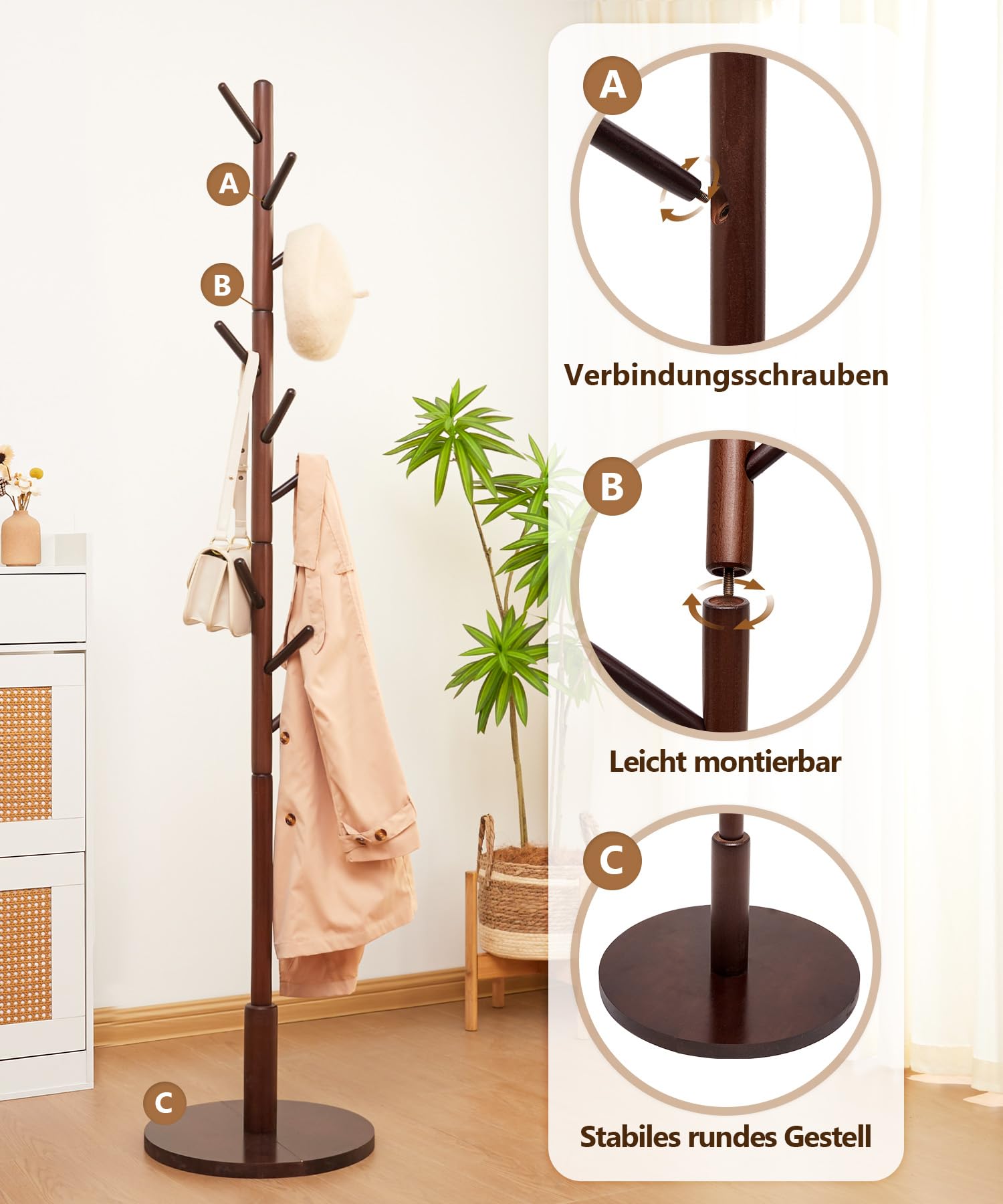 Yorbay Appendiabiti in legno massello di faggio, Appendiabiti a forma di albero con 9 ganci per giacche, cappelli, borse, camera da letto, ufficio, ingresso, 38 x 179 cm, Marrone