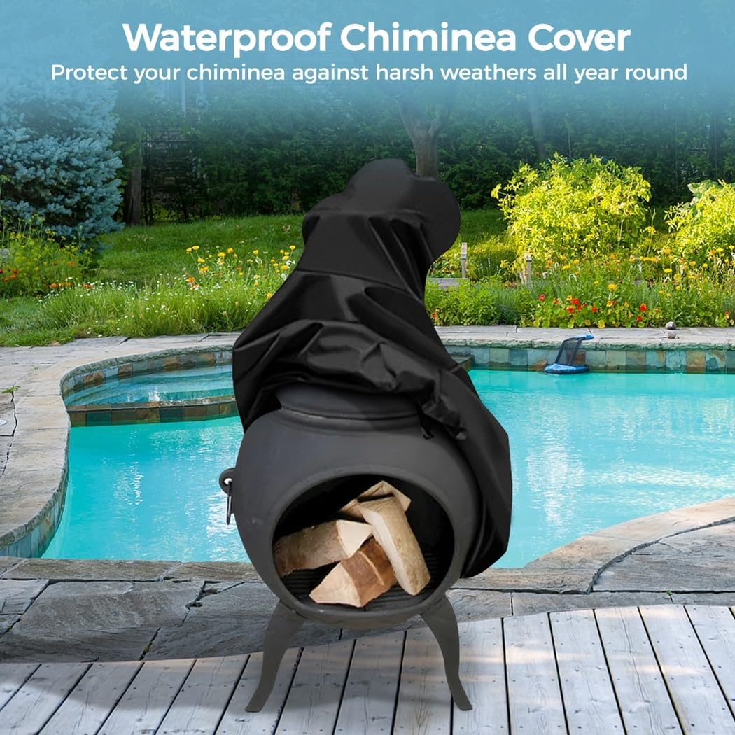 Heavy Duty Chiminea Fire Pit Cover with Weather Resistant Oxford Cloth, 24 X 48 Inches, Outdoor Patio Chiminea Cover, Adjustable Drawstring, Elastic Hem