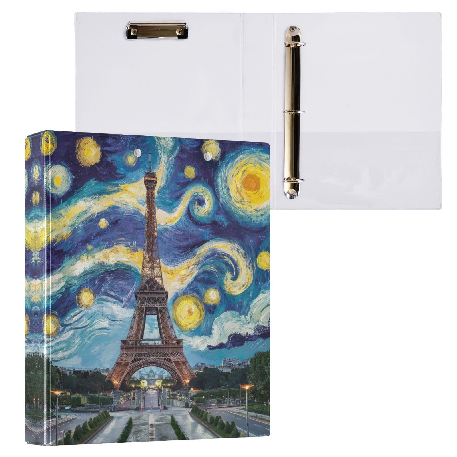 Raccoglitore a 3 anelli con torre Eiffel e notte stellata, 3,8 cm, contiene 200 fogli, raccoglitore ad anelli rotondi, per materiale scolastico, confezione da 2