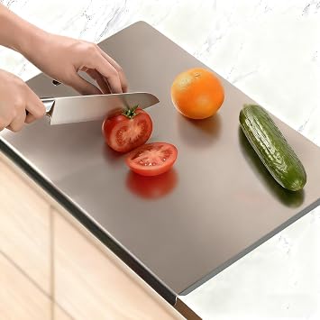 Large Stainless Steel Cutting Board with Lip for Kitchen, Chopping Boards with Grey Non-slip Mat, Cutting Board with Counter Lip for Meat, Fruits, Vegetables, Bread,Dough15.7" 11.8"