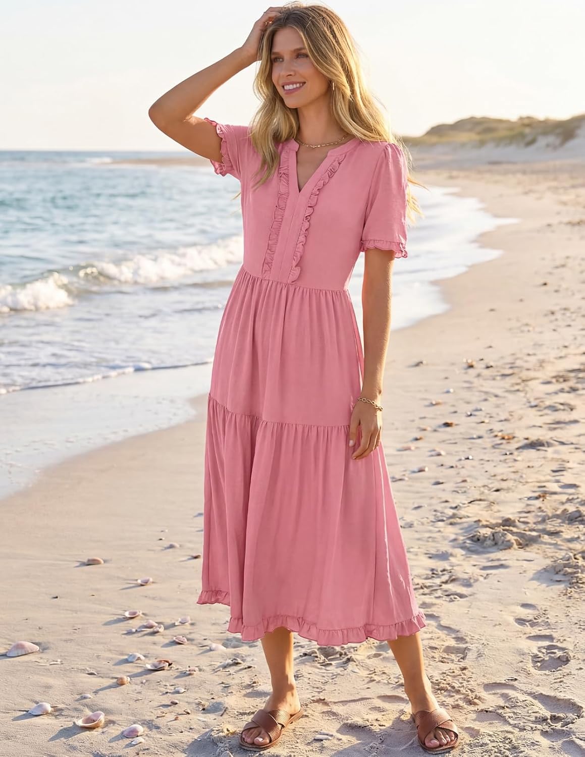 MEROKEETY Women's 2026 Summer Casual Midi Dress Short Sleeve V Neck A Line Flowy Tiered Vacation Beach Dresses - Image 2