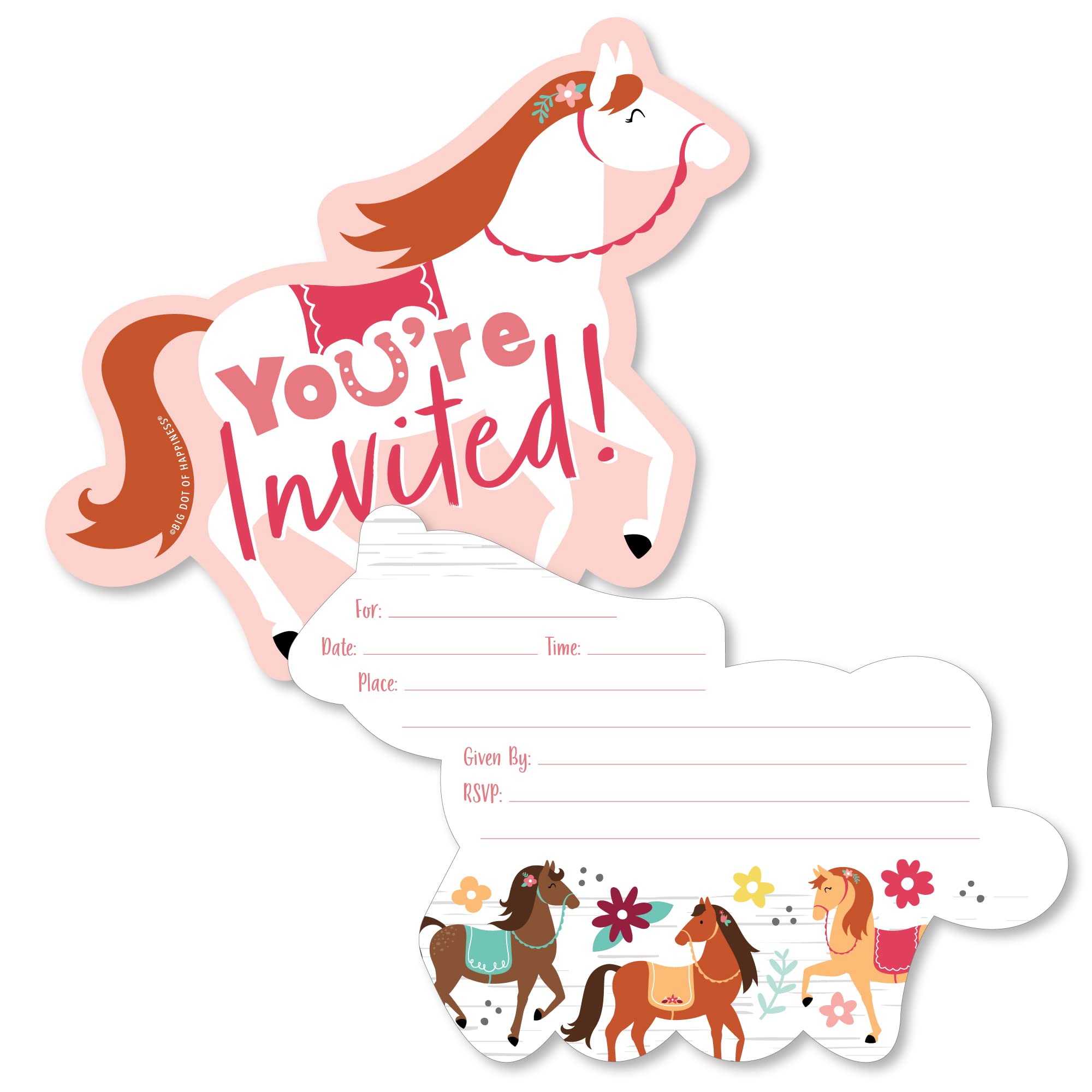 Big Dot of Happiness Run Wild Horses - Shaped Fill-In Invitations - Pony Birthday Party Invitation Cards with Envelopes - Set of 12