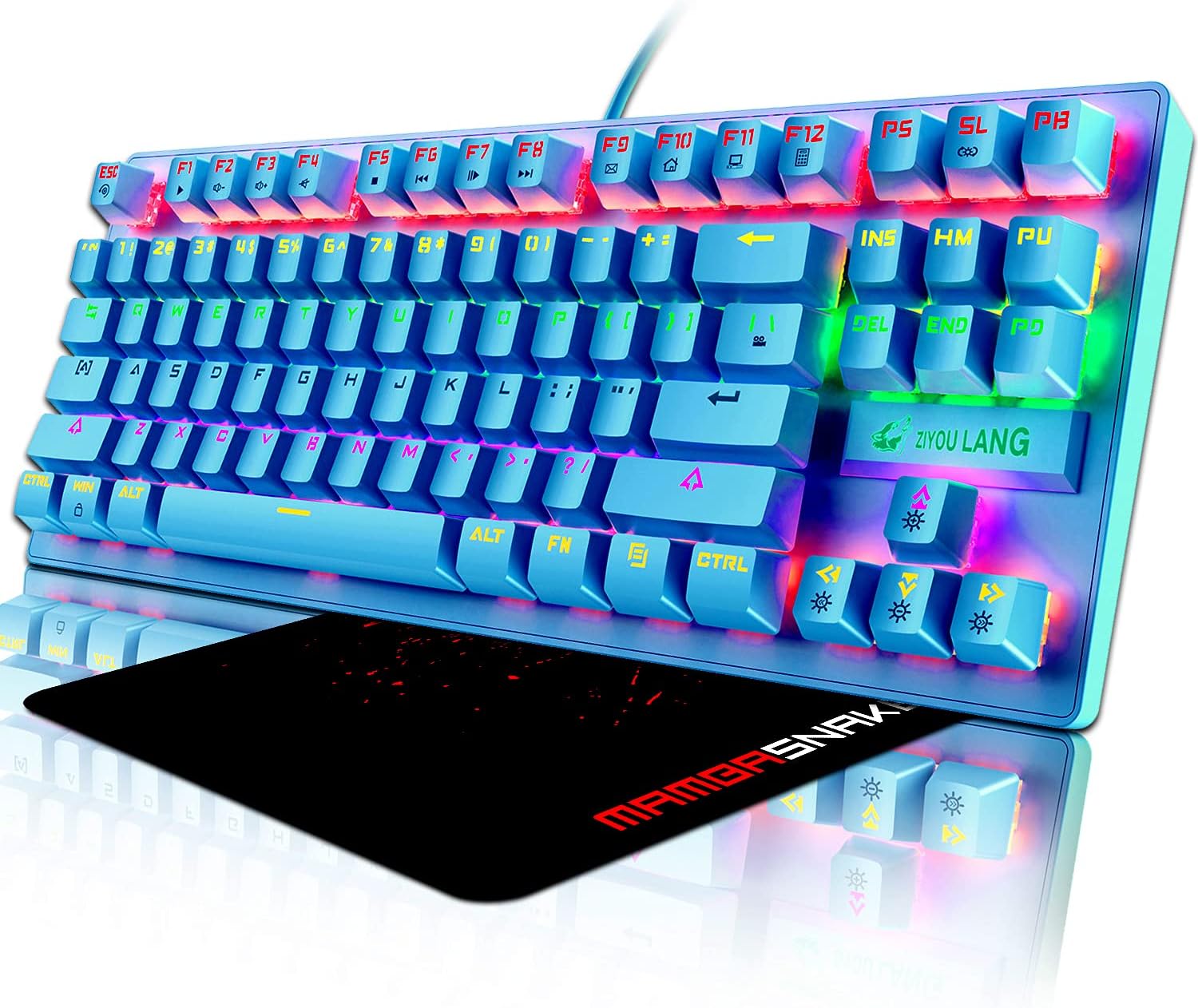 Gaming Keyboard and Mouse Combo with Mice Pad, Blue Switch 87 Keys USB Wired Rainbow Backlit Mechanical Keyboard and Illuminated Mouse for Computer PC Gamer Laptop Office Work