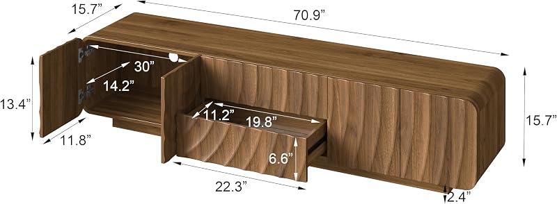 KEIKI 70.9" TV Stand for TVs Up to 79", Modern Entertainment Center with Spiral Wave Cabinet Doors, 2 Drawers and Storage Cabinets, Floor Standing Media Console for Living Room, Walnut image 2