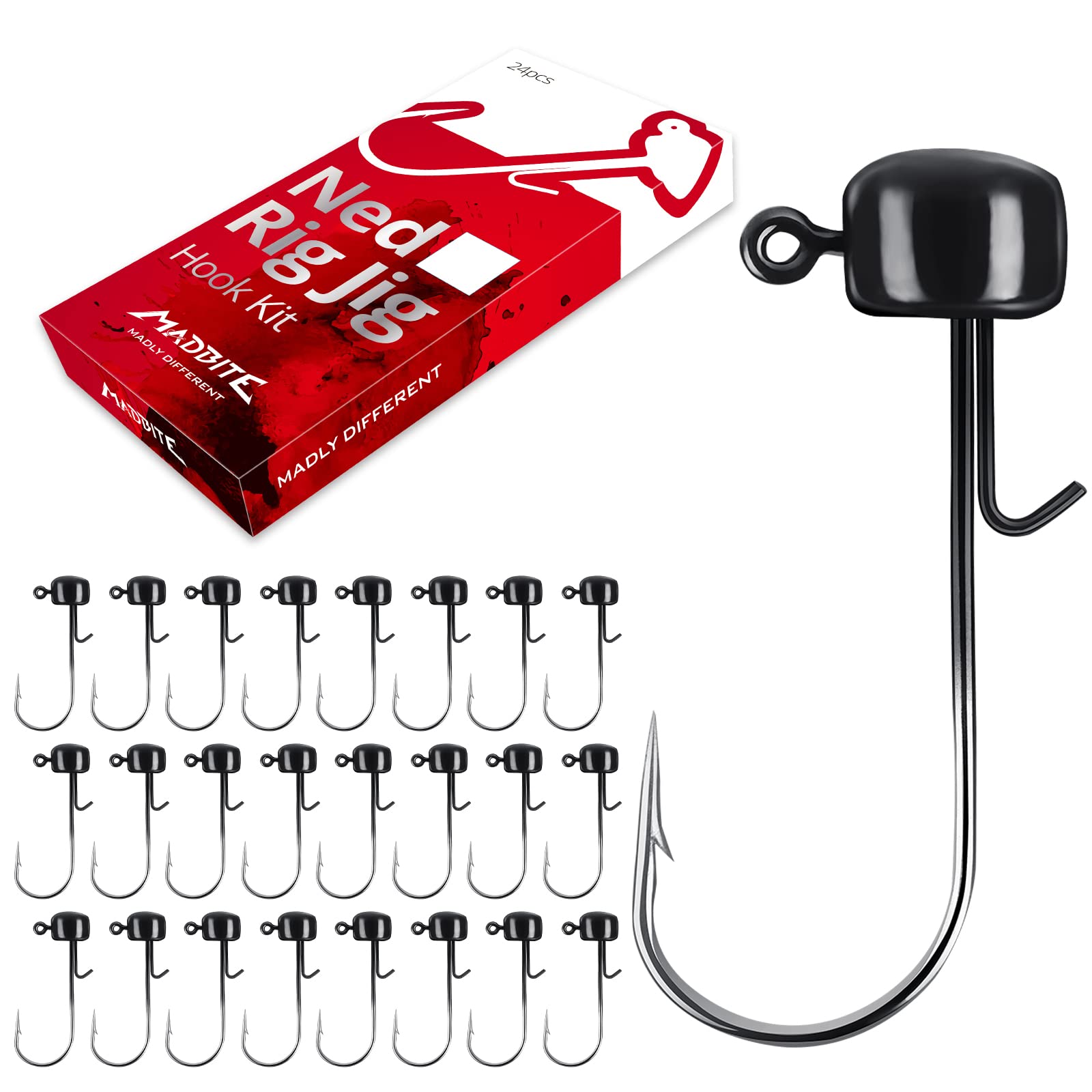 MadBite by KastKing Ned Rig Jig Heads for Soft Fishing Lures, 24-Pack Finesse Standard Mushroom Stand-up Ned Heads Kit, Needle Point Saltwater & Freshwater Versatility Ned Rig Hooks 1/8, 1/16, 3/16 oz