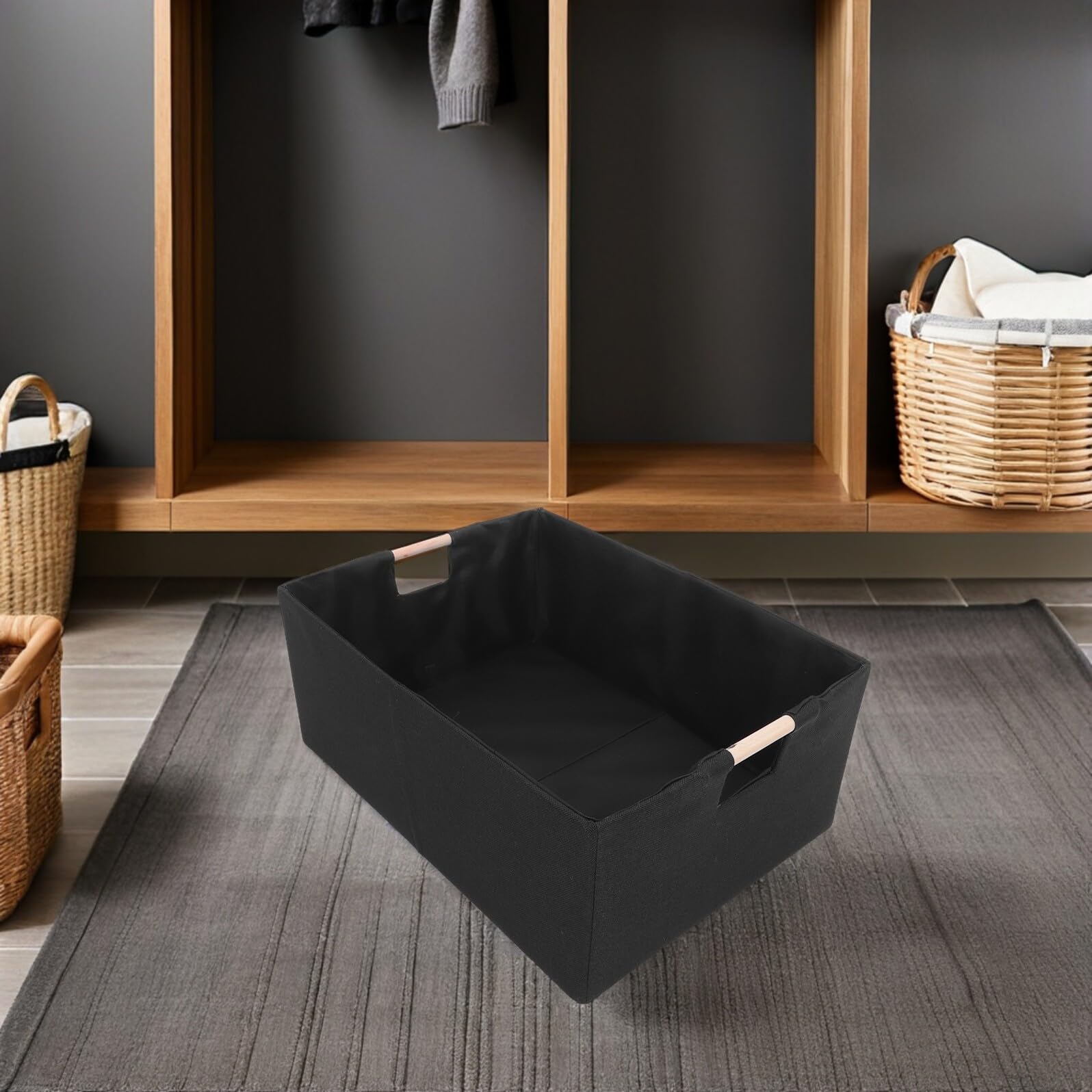Rechteckige Aufbewahrungsboxen aus Stoff 2 Stück Packung 42x31x17 Cm | Faltbar mit Griffen, Schwarz, für Schrankregale und Ordnung bei Kleidung oder Spielzeug