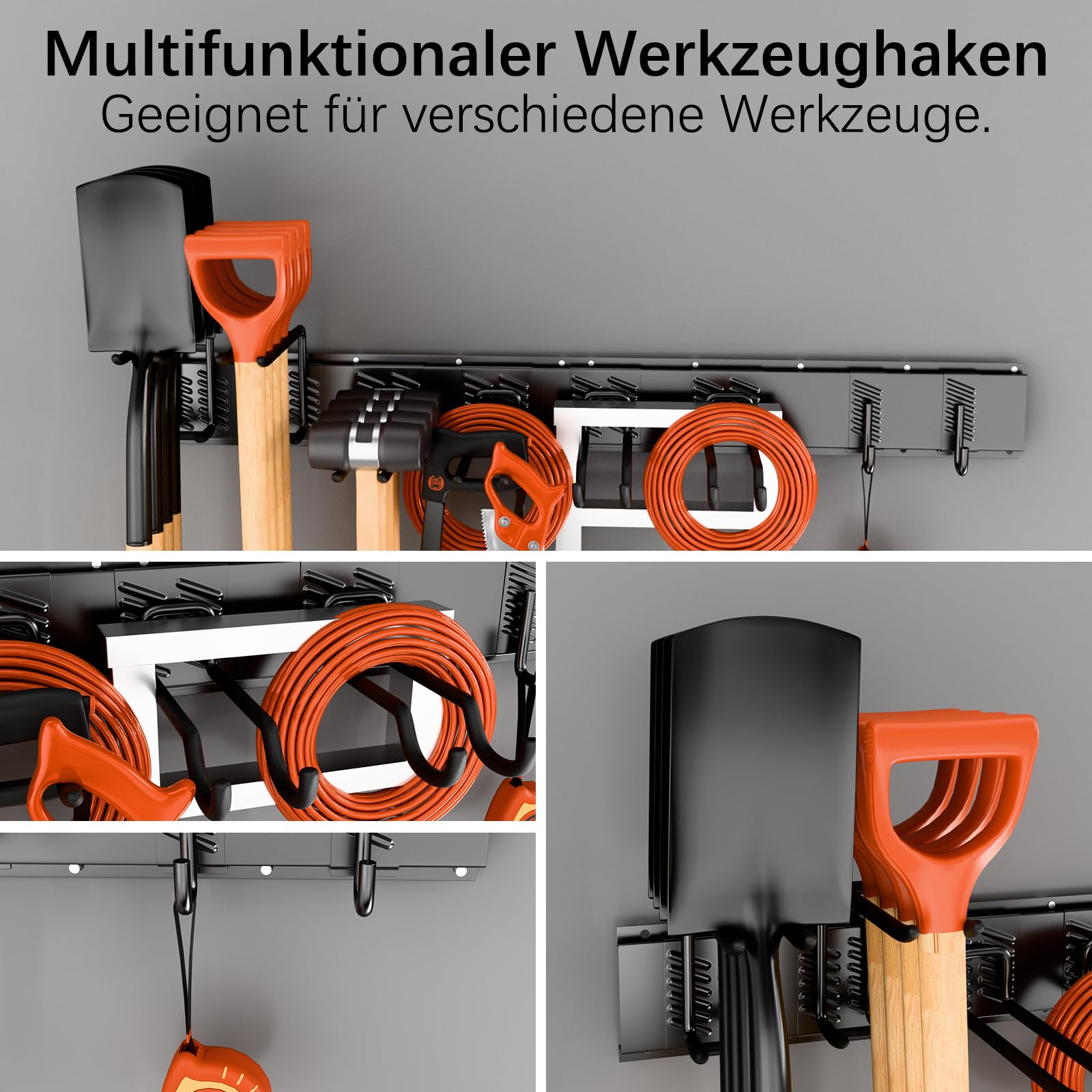 Soporte ajustable para herramientas de jardín de 120 cm, soporte de pared con 3 rieles y 8 ganchos, almacenamiento de herramientas de jardín y equipo de esquí, apto para garaje, sótano, patio (negro)