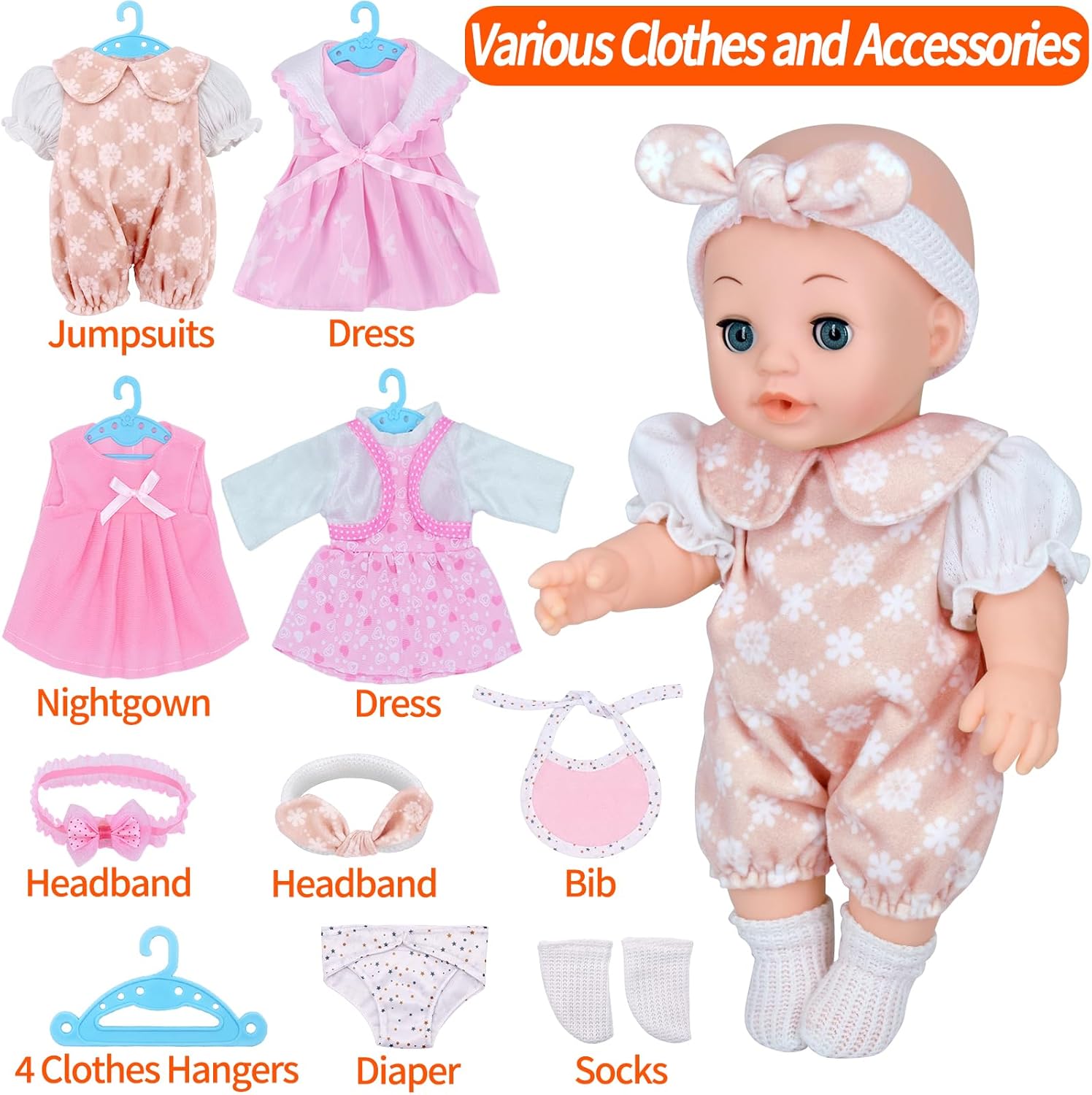 12'' Baby Doll Playset with 4 Outfits,Clothes Hanger,Swaddle Blanket,Bib,Diaper,Pacifier,Feeding Bottle,Backpack and Accessories. Dress-Up Pretend Play Reborn Toy Girl Toddler Kids Gift Set