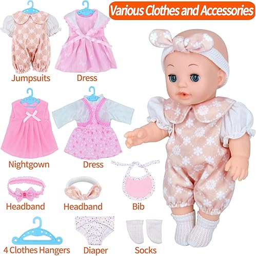 Miniatura 4 de Juego de muñeca de bebé de 12 pulgadas con 4 trajes, colgador de ropa, manta para envolver, babero, pañal, chupete, biberón, mochila y accesorios.