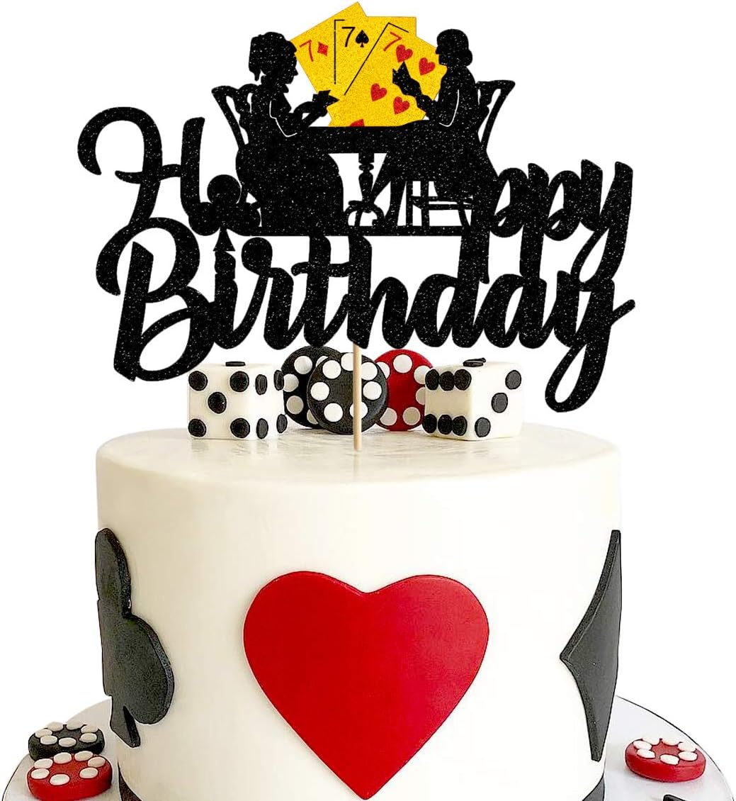 Vivicraft Poker Cake Topper Birthday Decorations, Glitter Happy Birthday Poker Cake Toppers Picks for Muffin Cake Fruit Picks Casino Party Decor - Double Sided (6.89'' x 4.92'')