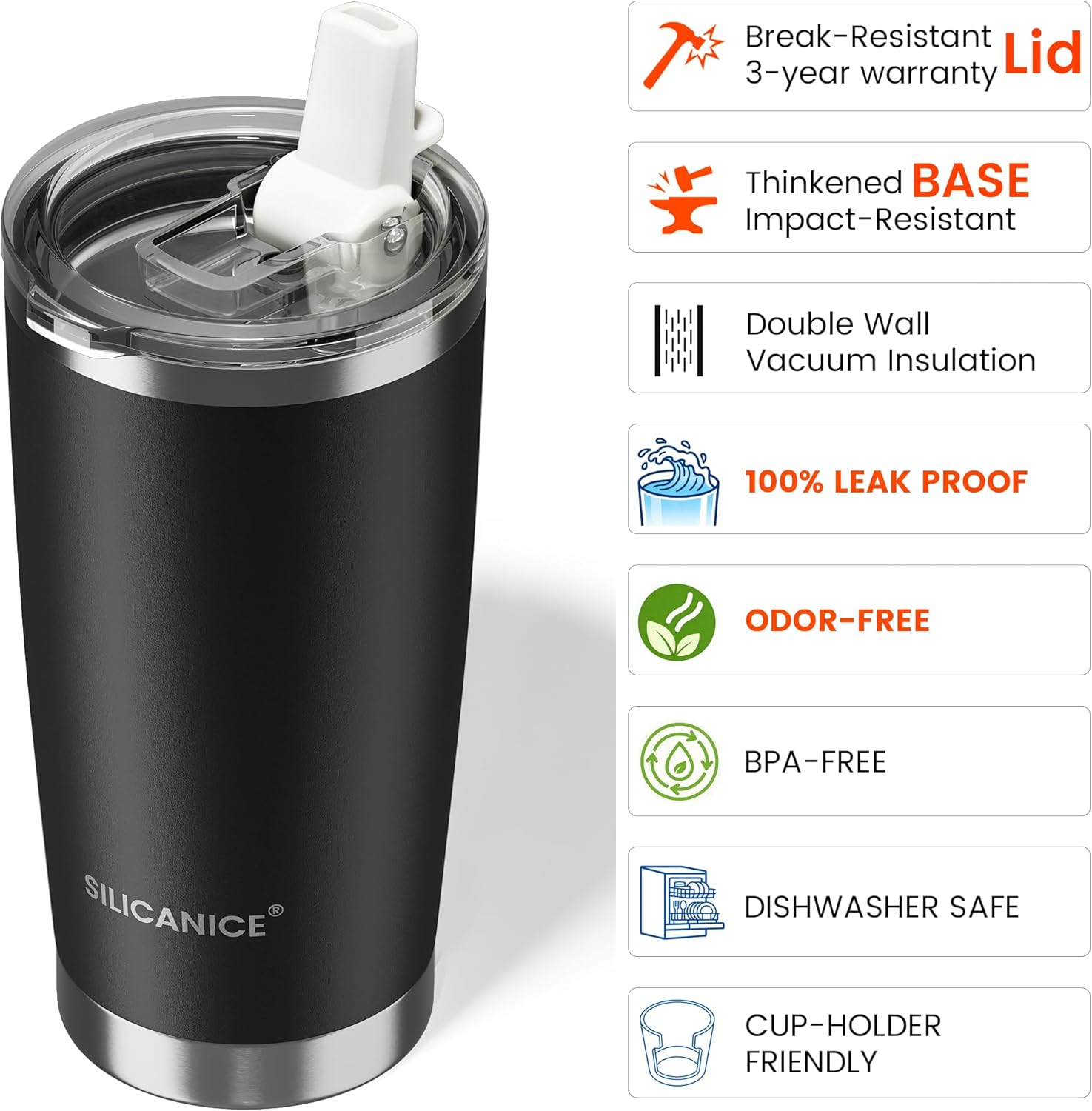 20 oz Stainless Steel Insulated Tumbler with Straw, Leakproof Lid & Removable Spout, BPA-Free, Odor-Free, Car Cup Holder Friendly for Gym, Office, Home - Black - Image 6