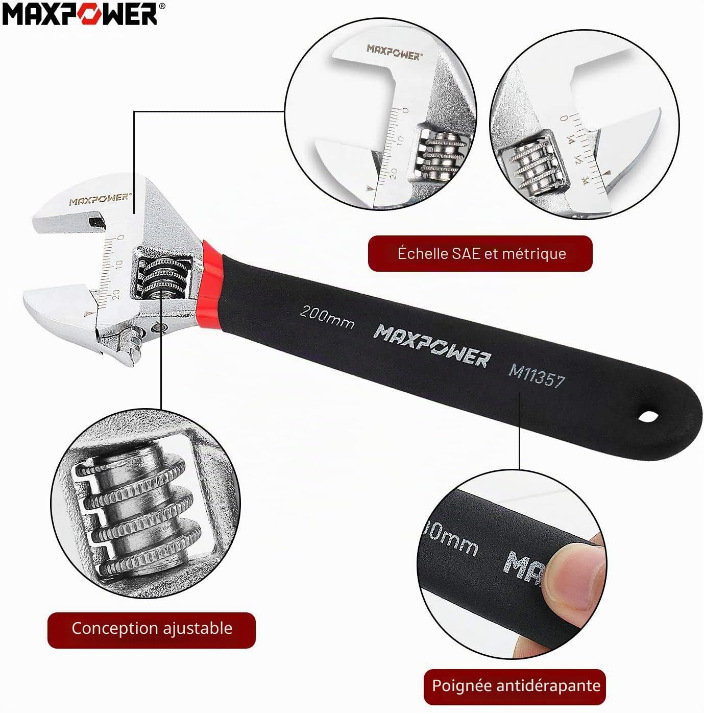MaxPower Cle a Molette 3 Piéce 150 mm / 200 mm / 250mm, Clé à Molette Grande Ouverture Capacité de la Mâchoire 20, 25, 30mm - Clé réglable pour travaux de plomberie 6"/ 8"/ 10"