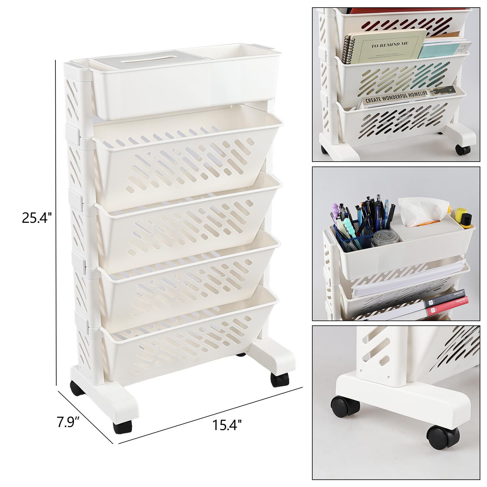 Carrito móvil de 5 niveles con ruedas, estantería rodante delgada, color blanco