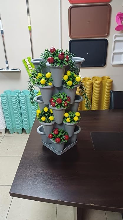 5 Katlı Şanslı Yonca Kule Saksı Seti Çiçek Bitki Sebze Meyve Salon Mutfak Banyo Bahçe Saksı Seti (GRİ)