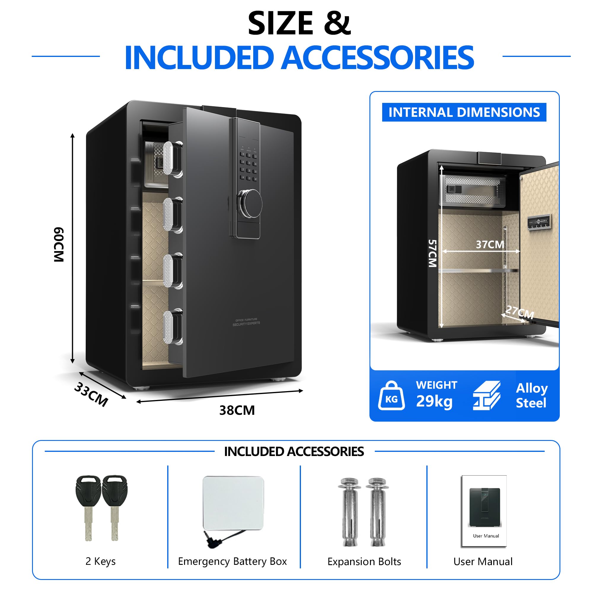 Caja fuerte grande y pesada de 29 kg, gabinete de seguridad de acero de aleación de 82 litros con teclado digital y cerradura de llave, montaje en pared, almacenamiento para el hogar, oficina, hotel