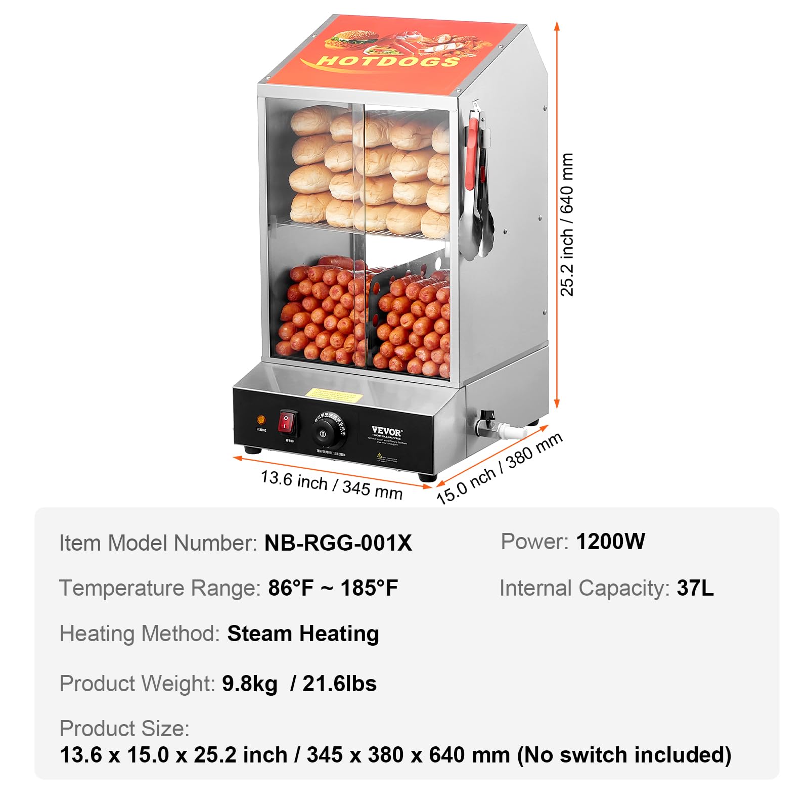 VEVOR Macchine per Hot Dog a Vapore 37L da 2 Ripiani, Controllo Temperatura 30℃~85℃, Macchina Scalda Panini Elettrico con Porte Scorrevoli in Vetro Temperato Piastra Divisoria per Hot Dog Panini