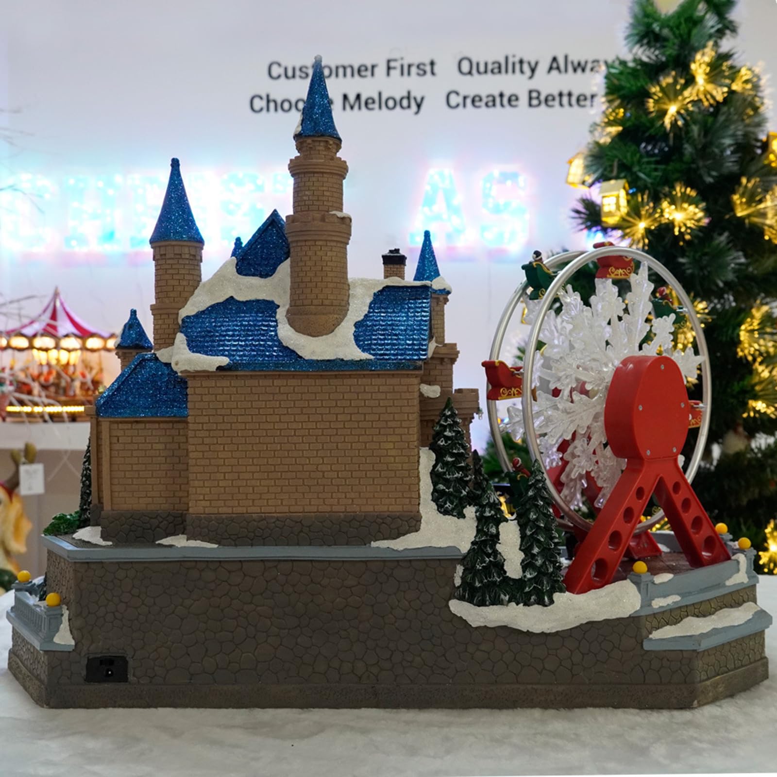 Figuras De Pueblo Navideño, Decoración De Casa De Pueblo Navideña con Luces LED, con Noria Giratoria Y Árbol, para Adornos De Mesa para El Hogar, Decoración Navideña
