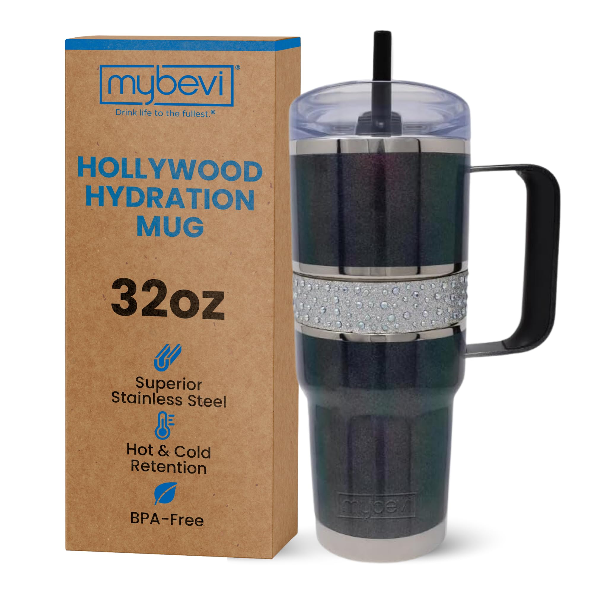 MyBevi Hollywood Hydration Mug 32 Oz | Premium Stainless Steel Travel Mug - Hot and Cold, 3-Layer Insulation, Sturdy Handle - Durable & Stylish