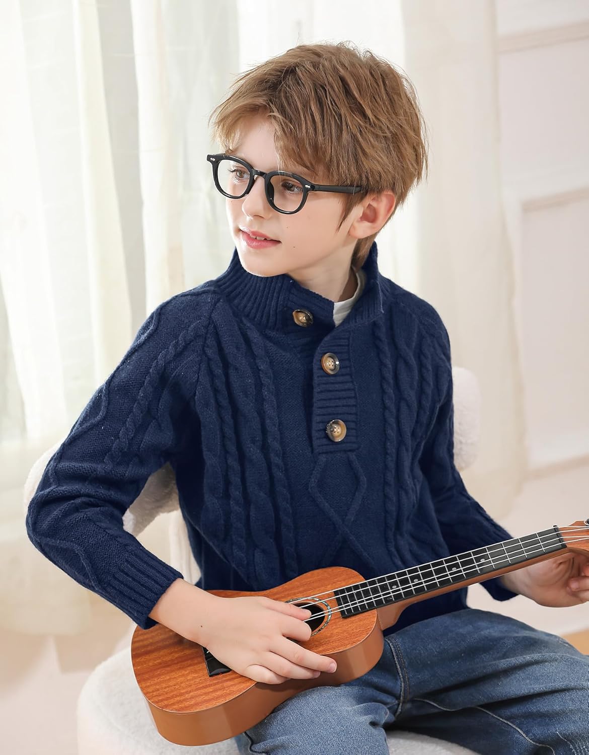 BesserBay Boys Winter Warm Cable Knit Button Down Sweaters Raglan Sleeve Mock Neck Cute Pullover 3-12 Years - Image 5