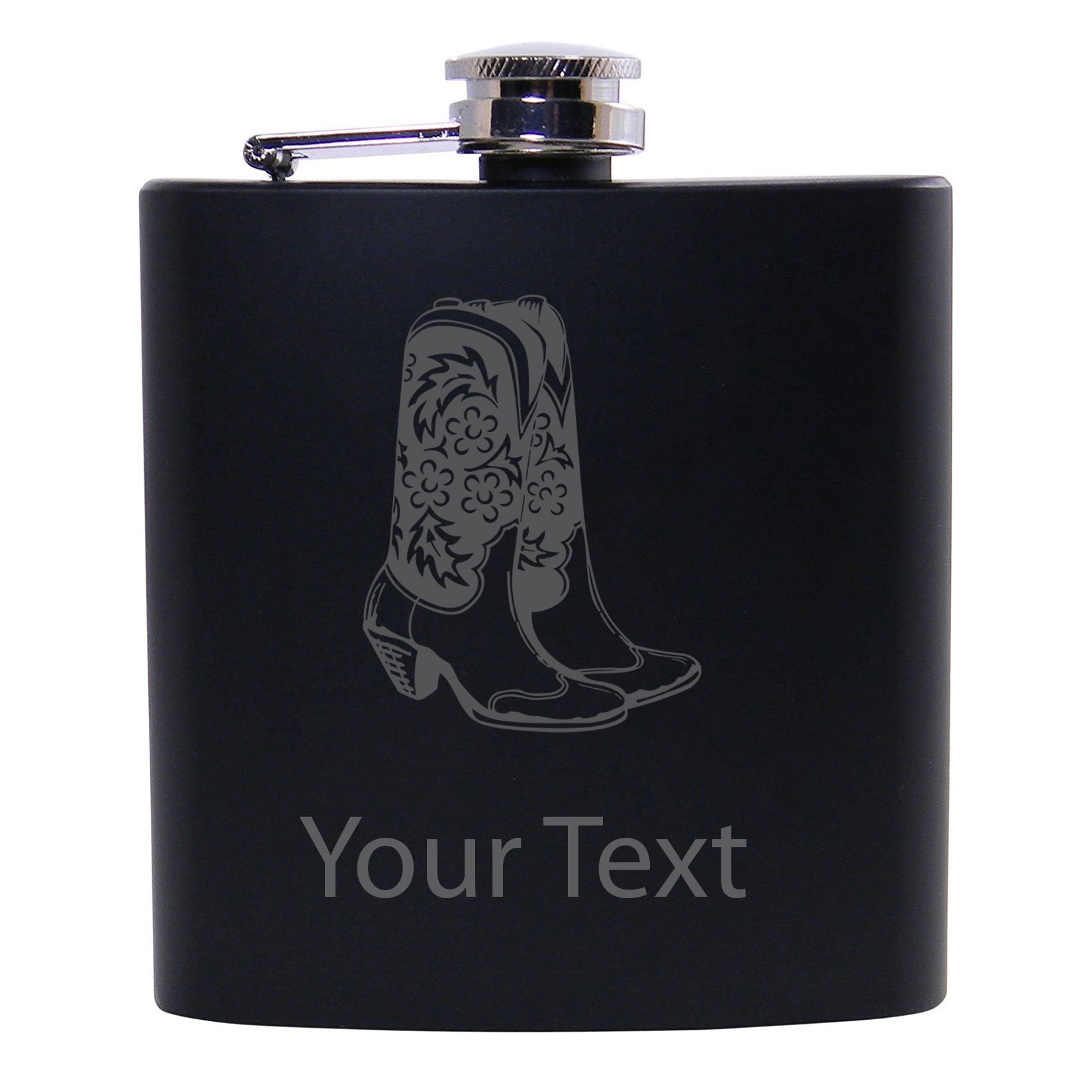 Personalized Custom Cowgirl, Cowboy Boots Black Stainless Steel Hip Customizable Flask