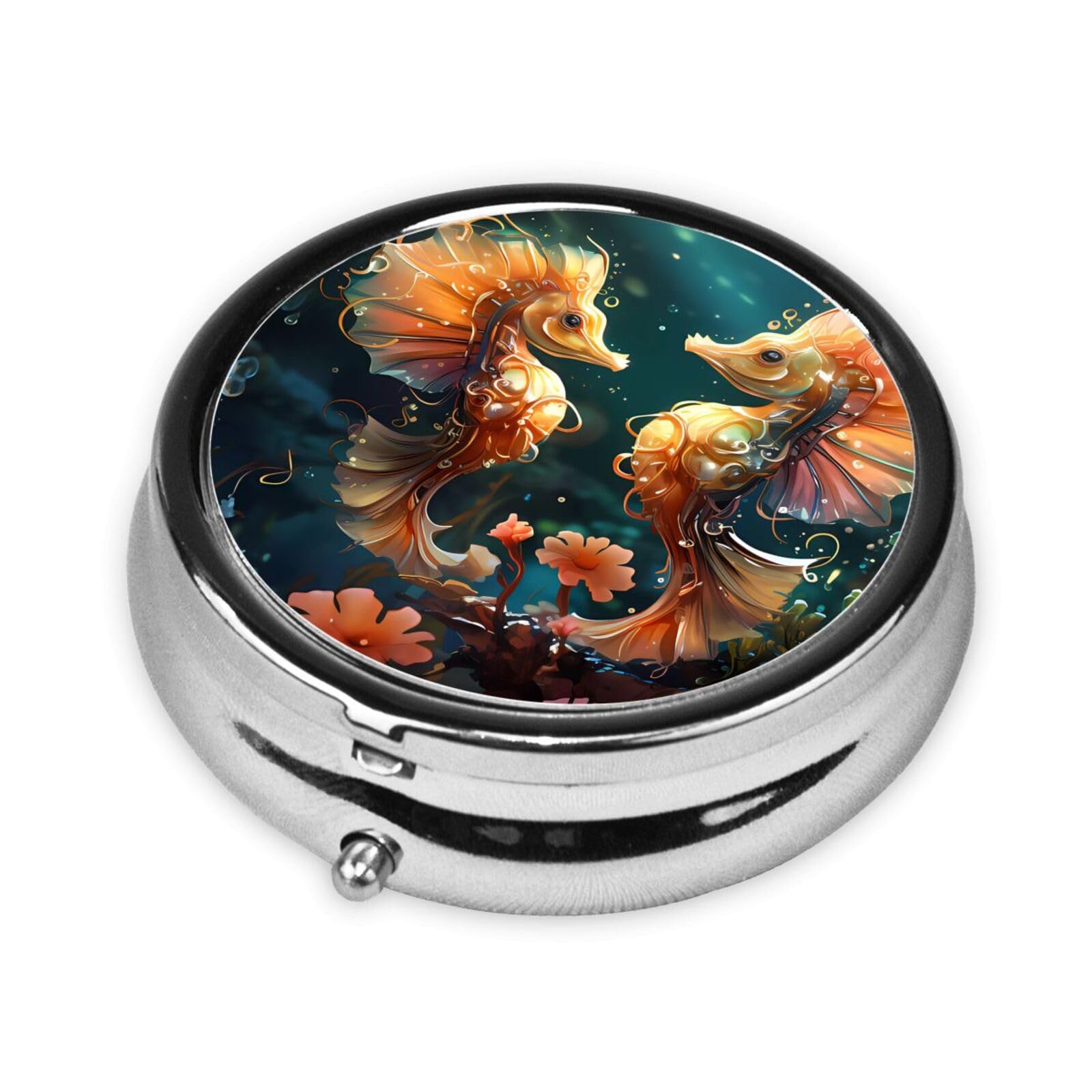 Cute 3-Compartments Round Pill Box Beautiful Seahorse Couple Small Pill Case Portable Medicine Dispenser,for Pocket Purse