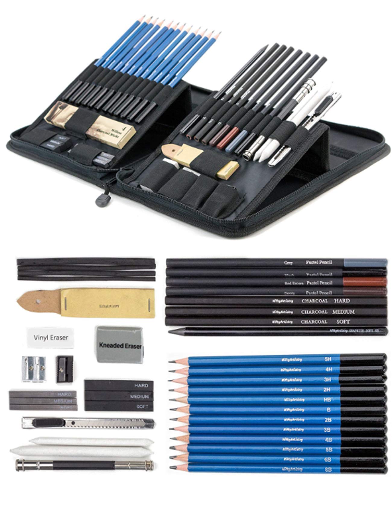 Bestgift Ensemble d'artiste 40 pièces avec Etui de Transport pour Artiste, Etudiant, Enseignant ensemble de croquis de fournitures de dessin Noir Jeu de croquis