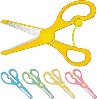 Lobome Tijeras Infantiles con Dispositivo de Seguridad - para Niños Amarillo con Hoja de Metal y Revestimiento de Plástico - con Punta Redonda