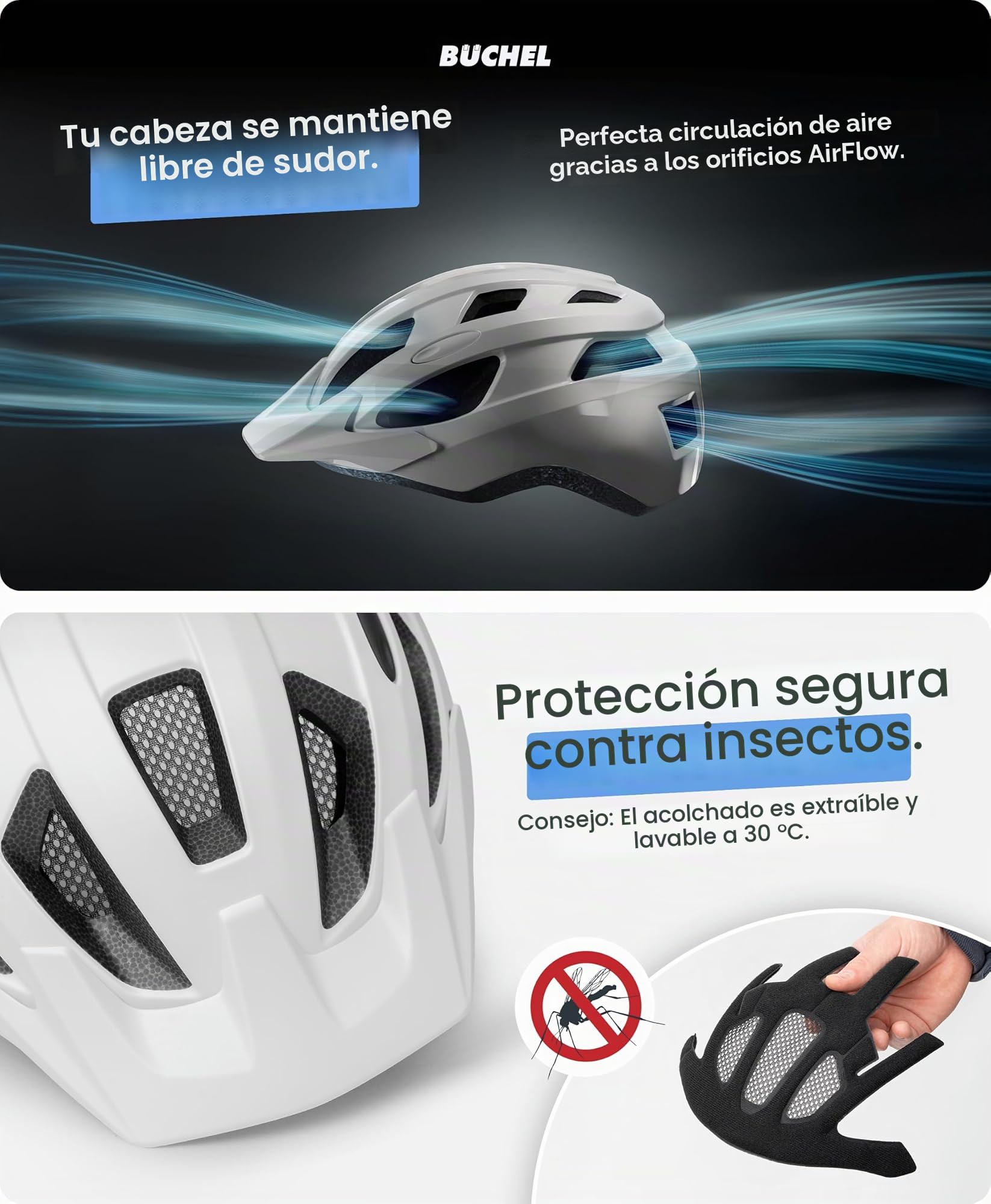 BÜCHEL Casco Bicicleta Adulto - Casco Bici con Tecnología In-Mould y Sistema CAM Lock para Hombre Mujer Niños - De Mentón Y Red Anti-Insectos Lavable - Capacete Bicicleta 52-57 cm y 58-61 cm