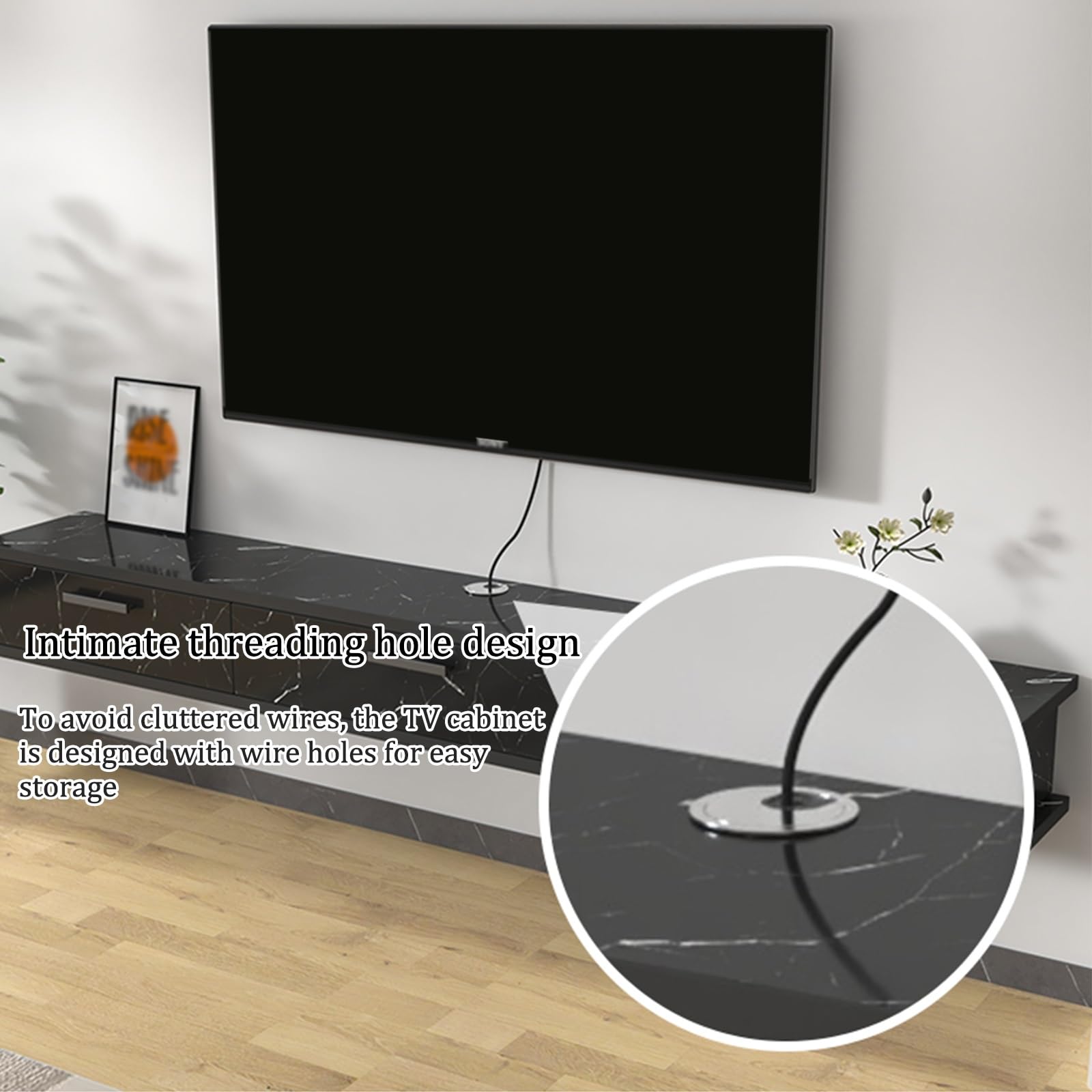 Schwebender TV-Ständer Regal, Wandhalterung, lange TV-Konsole mit Klapptür, stilvolle Wandaufbewahrung für Wohnzimmer, schwarze Streifen, 180 x 22 x 20 cm