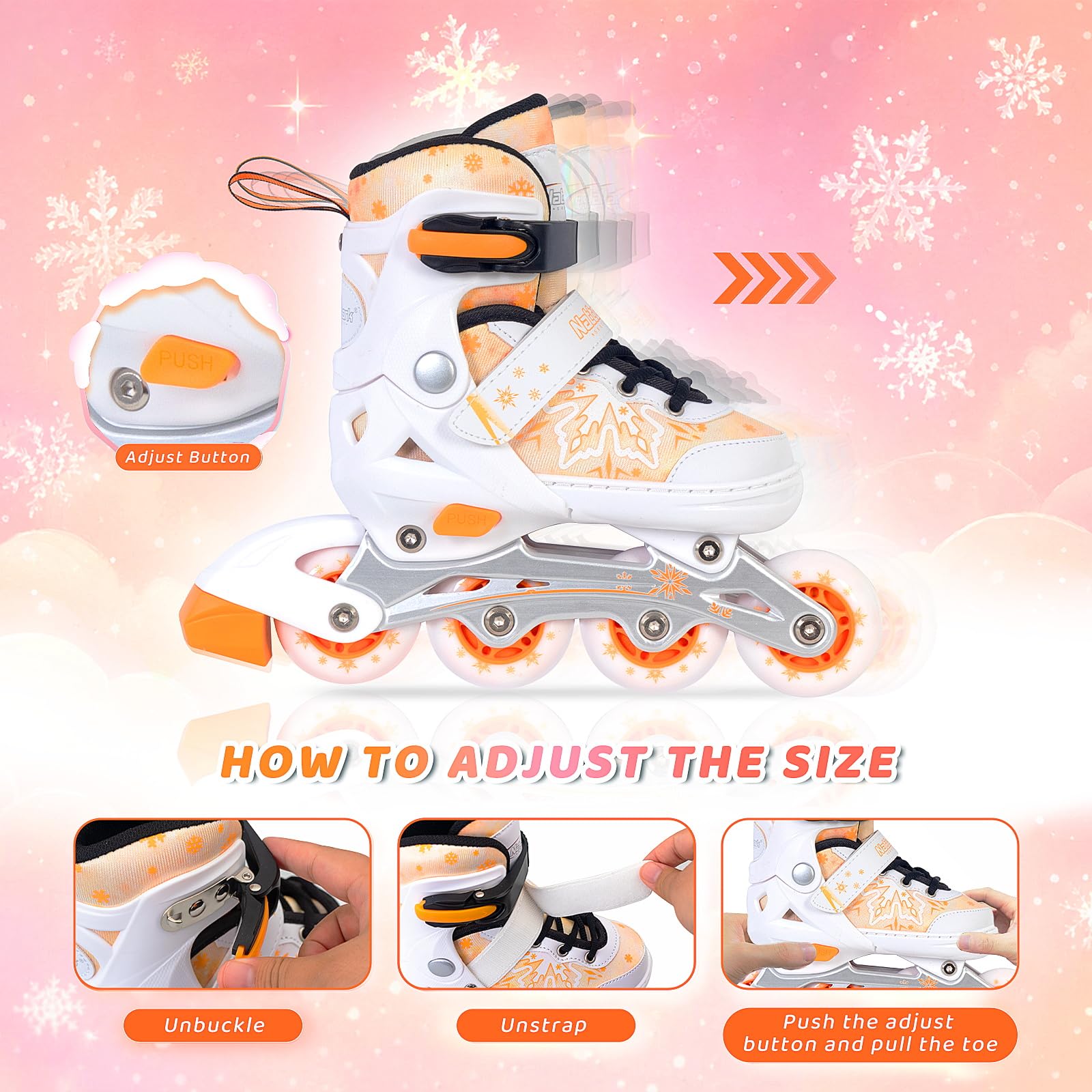 Nattork Patines en línea ajustables, copos de nieve para niñas y niños, patines de ruedas seguros y cómodos para principiantes