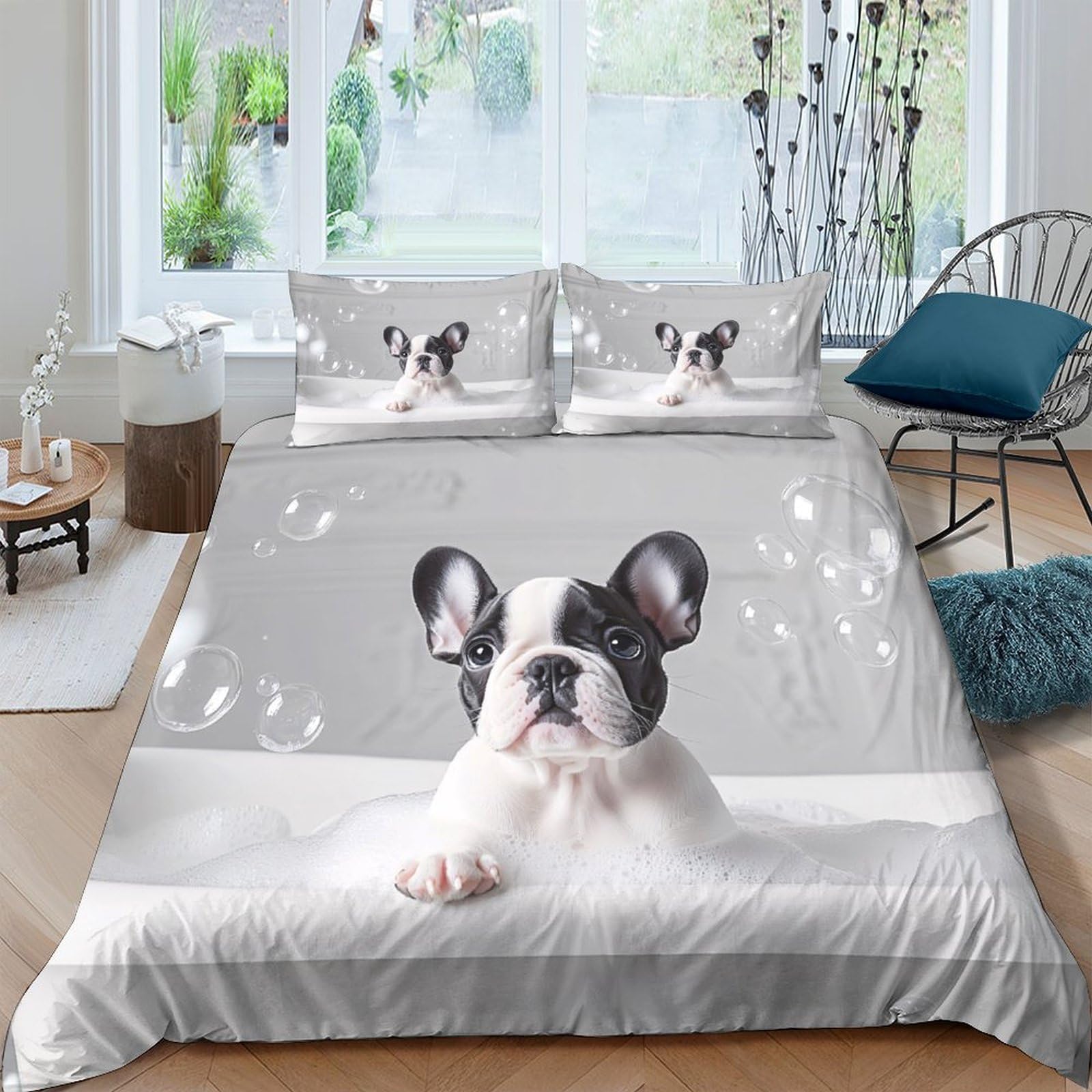 Ctjqhvkz Style-3 3D Printed French Bulldog Fitted Sheet Microfiber Soft Grey Dog Bed Sheet For Bedroom Guest Room Mattress Decor Single（135X200cm）