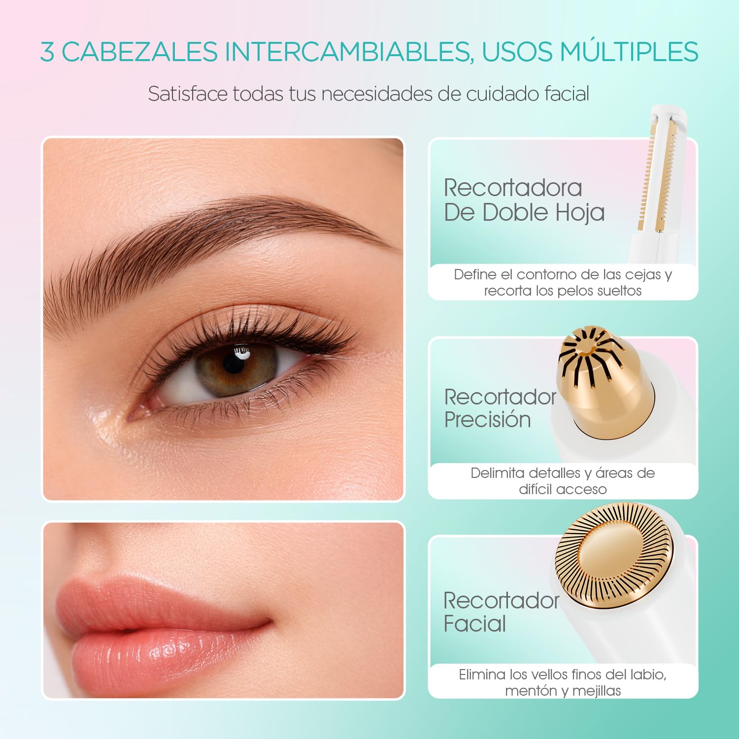 VOGOE Depiladora Facial Mujer 3-en-1, Regulador de Cejas Eléctrico Indolora, Recargable y Resistente al Agua con Peine, para Cejas, Labio Superior, Mentón y Mejillas (Blanco)