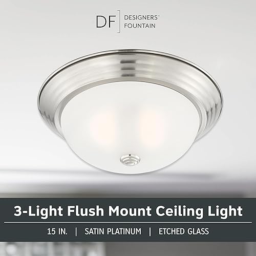 Miniatura 8 de DESIGNERS FOUNTAIN Lámpara de techo moderna de 3 luces de 15 pulgadas, peltre con pantalla de vidrio grabado, 1257L-PW-W