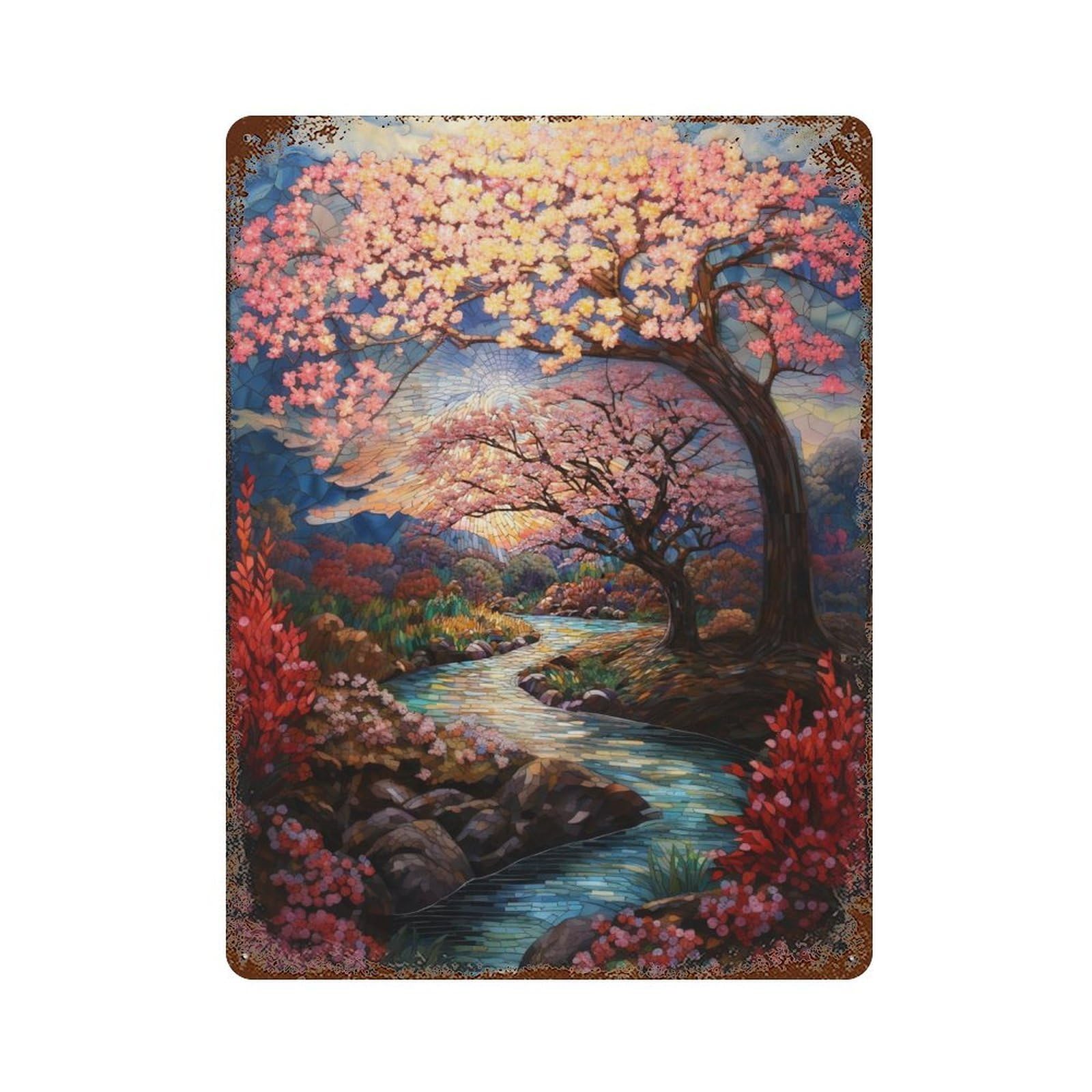 Cherry Blossom Garden Mosaic Rusty Metal Tin Sign 15.7"x11.8", Old School Wall Decor for Garage, Pub Or Kitchen