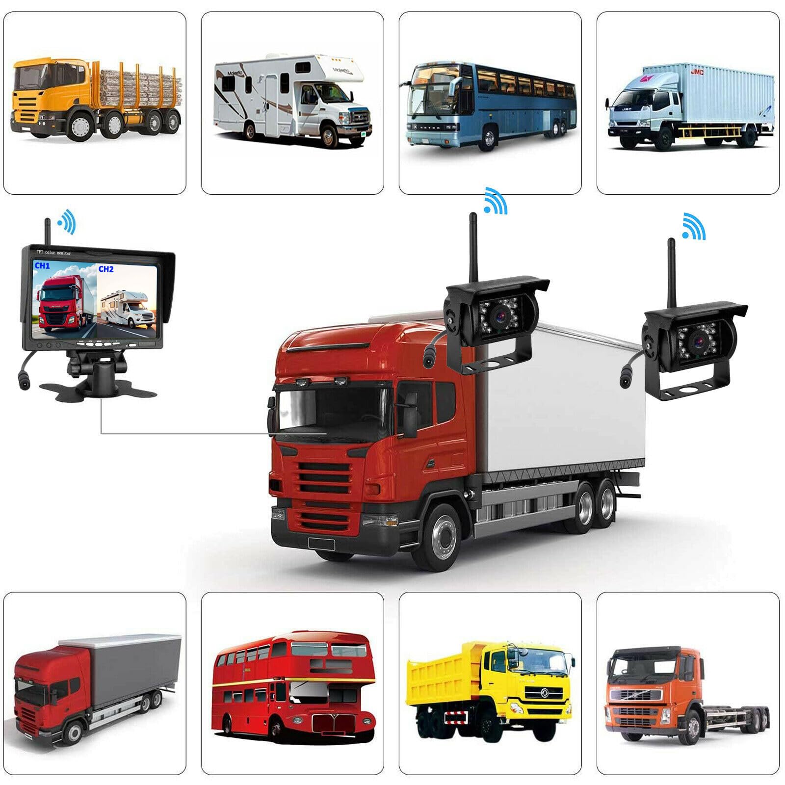 Système de caméra de recul numérique sans fil, écran divisé AHD de 7 pouces avec caméra de recul étanche IP69, vision nocturne infrarouge, double caméra de recul pour camion/remorque/camping-car/van