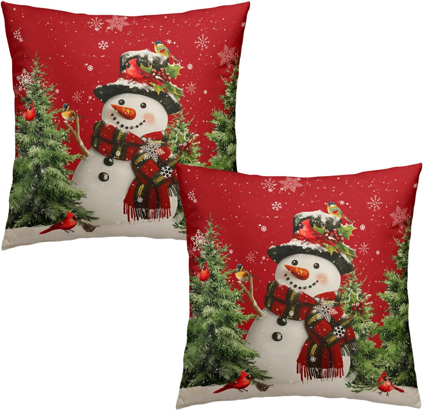 Red Christmas 24x24 Pillow Covers Set of 2 Winter Cute Snowman Pine Bird Snowflake Decorative Throw Pillows Xmas Holiday Pillowcases Cushion Covers for Farmhouse Living Room Decor