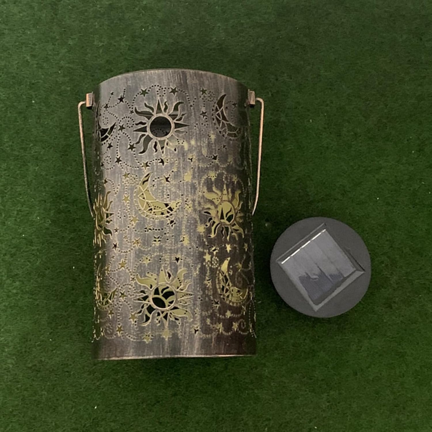 Solar Hanging Lantern with Sun Moon Pattern, LED Outdoor Projection Light, 50 Lumens, Metal (Ancient Copper (4.7in * 4.7in * 13.4in))